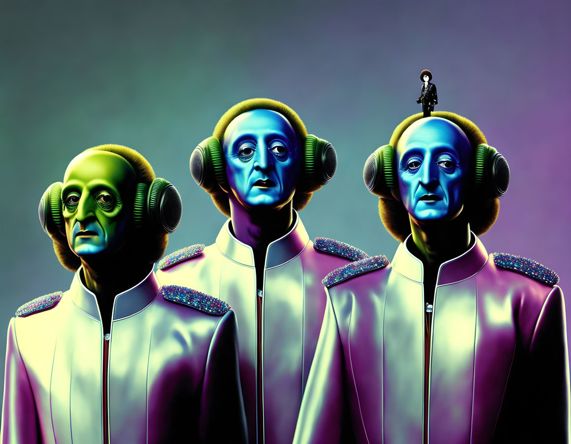 Stylized figures with composer features in futuristic outfits on purple background