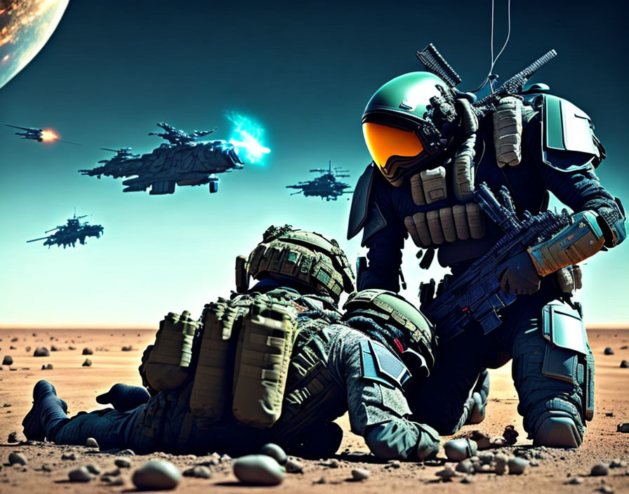 Futuristic soldiers in advanced armor on desert alien planet with spaceships