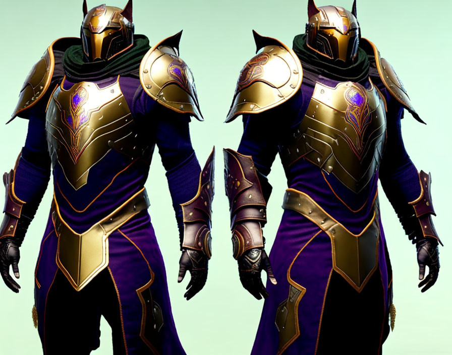 Identical figures in ornate purple and gold armor with glowing embellishments