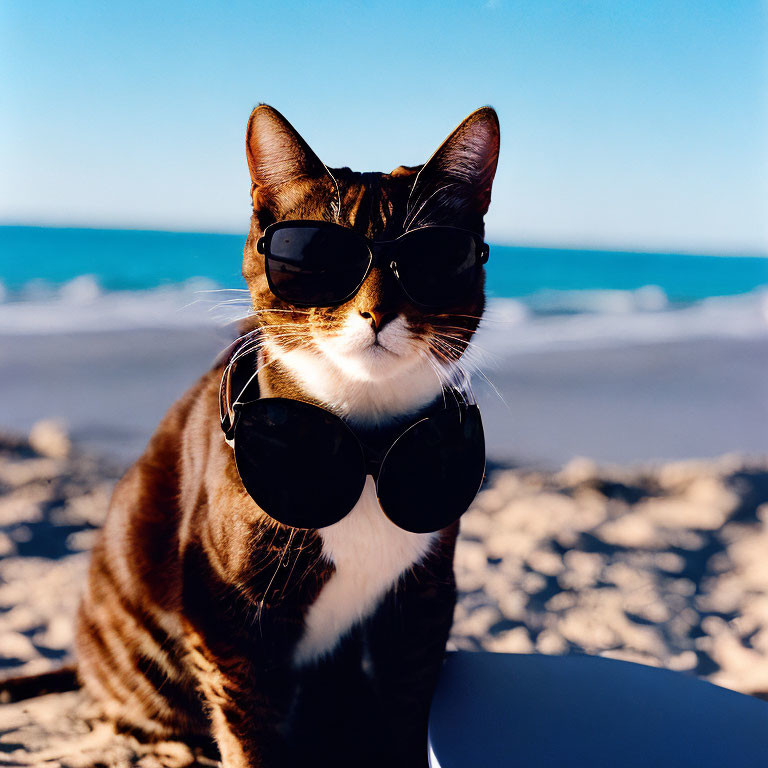 Cool Cat with Sunglasses Relaxing on Beach