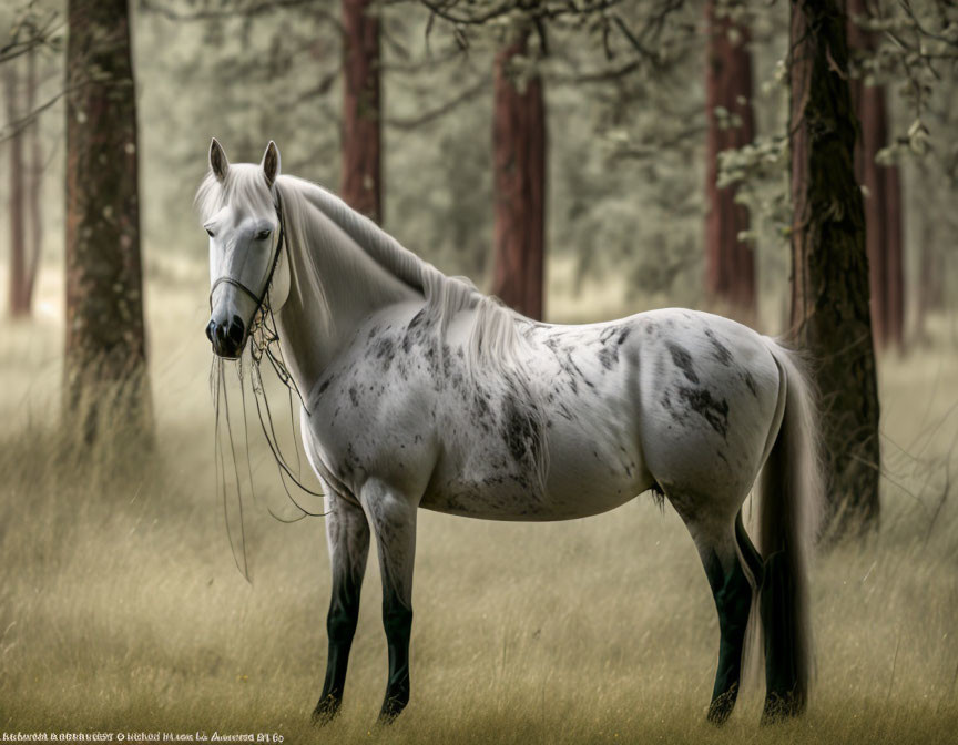 Dappled gray horse in forest with soft light filtering through trees