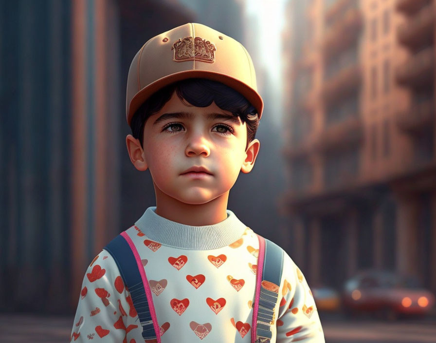 Young child in cap and heart-patterned shirt against urban backdrop