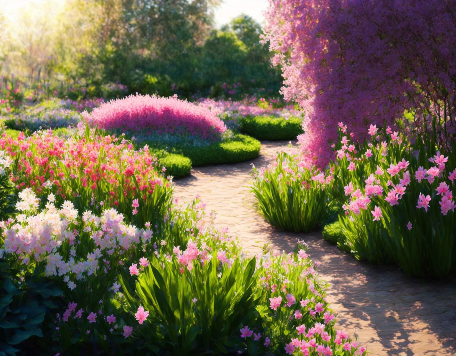 Tranquil garden path with lush green bushes and blooming pink and white flowers