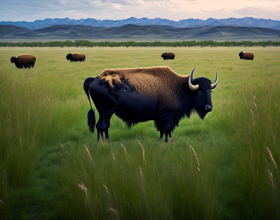 Bison herd grazing on lush green plain with distant hills under blue sky