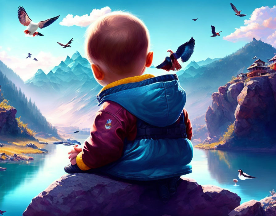 Child admiring serene landscape with mountains, lake, birds, houses, and clear skies