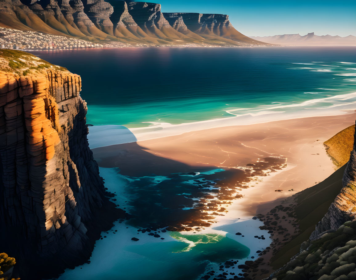 Majestic coastal scene: soaring cliff, calm ocean, sandy beach, dramatic mountain range