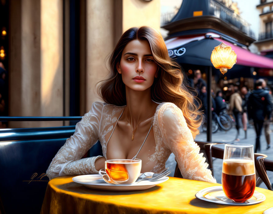 Woman at cafe table with two drinks, street view background