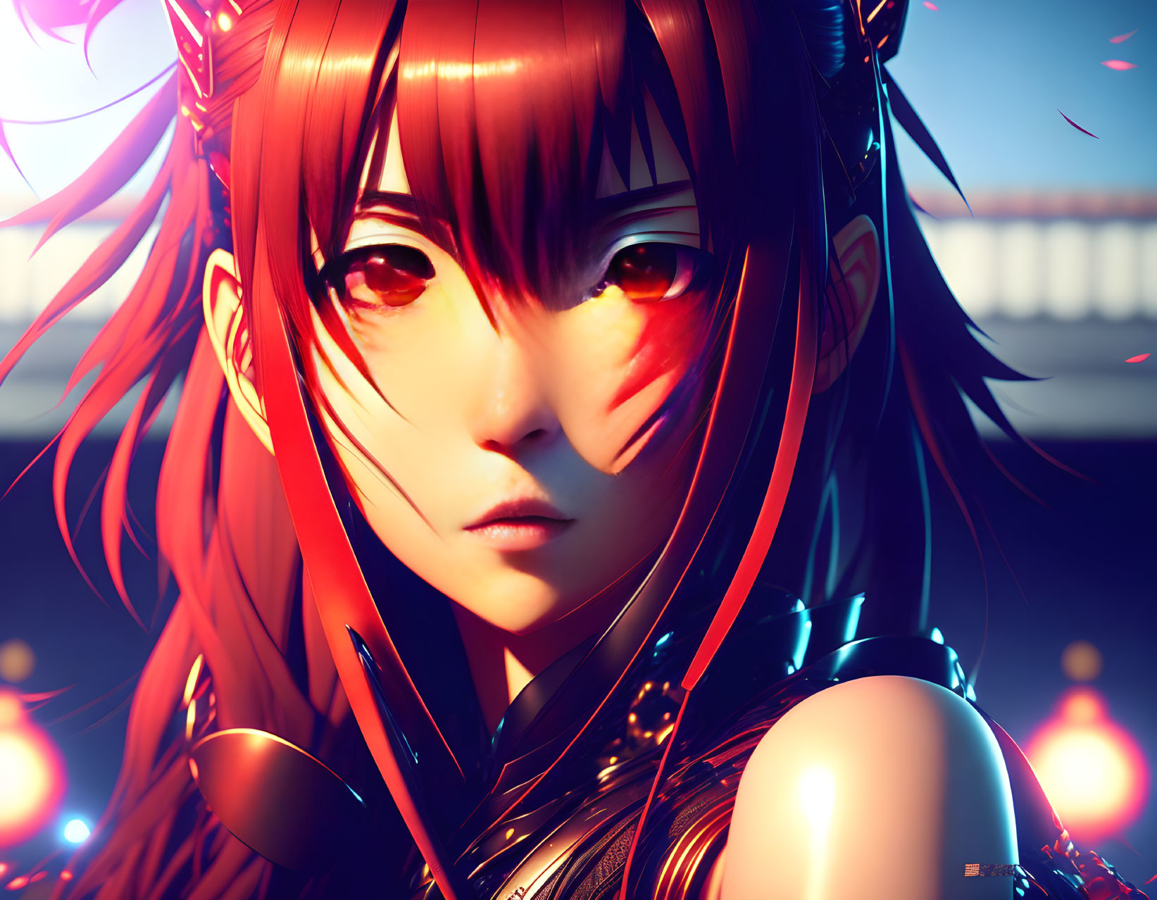 Digital artwork featuring female character with red hair, yellow eyes, and cybernetic elements