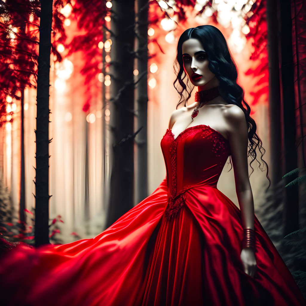 Woman in Red Gown Stands in Mystical Forest