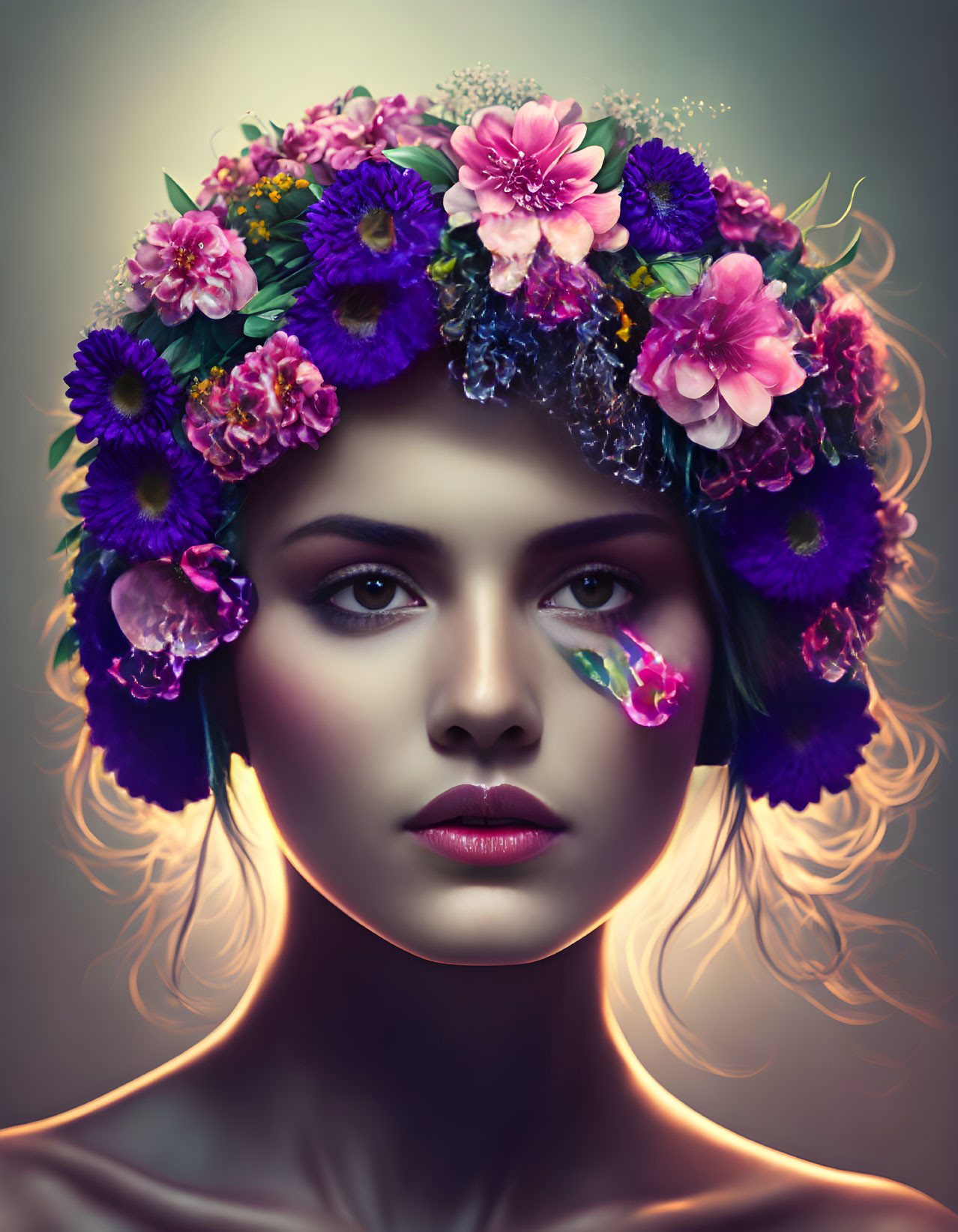 Digital portrait of woman with flower crown and glowing petal.