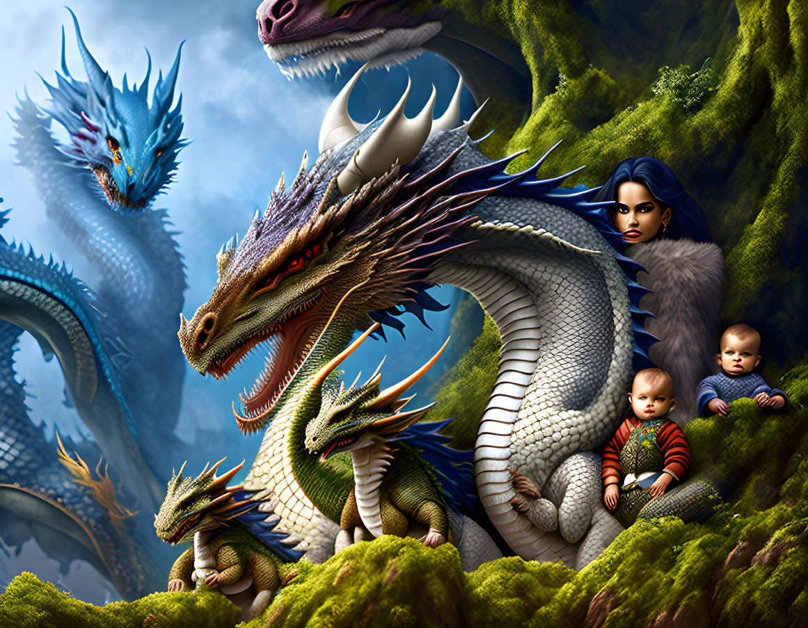 Fantasy scene with woman, infants, and dragons in lush greenery