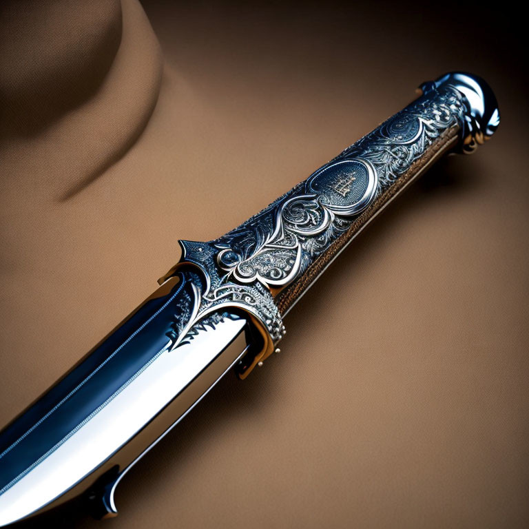 Intricate silver filigree knife on brown backdrop