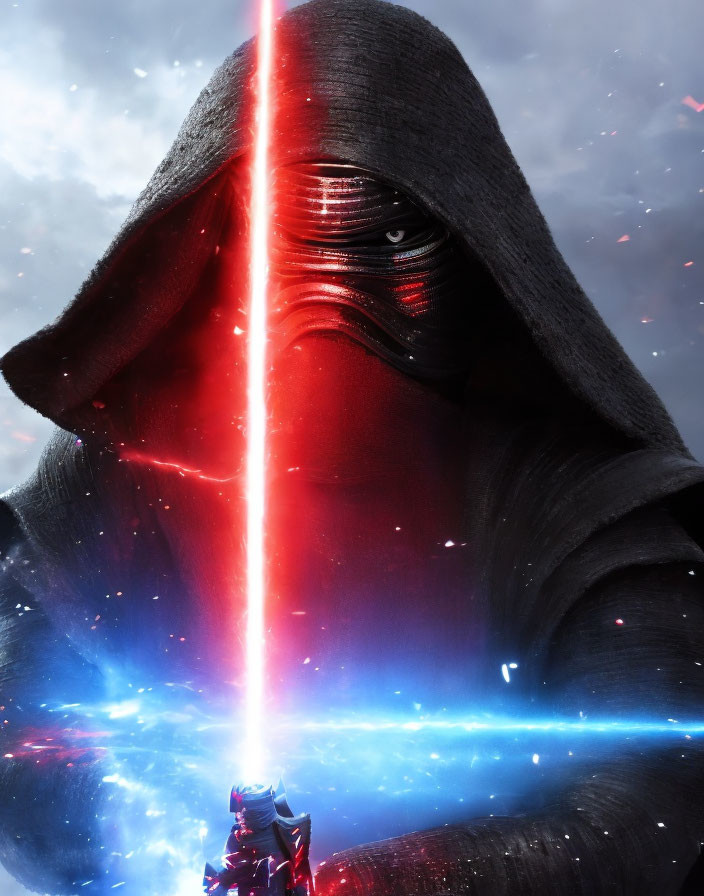 Hooded figure with red lightsaber in cosmic setting