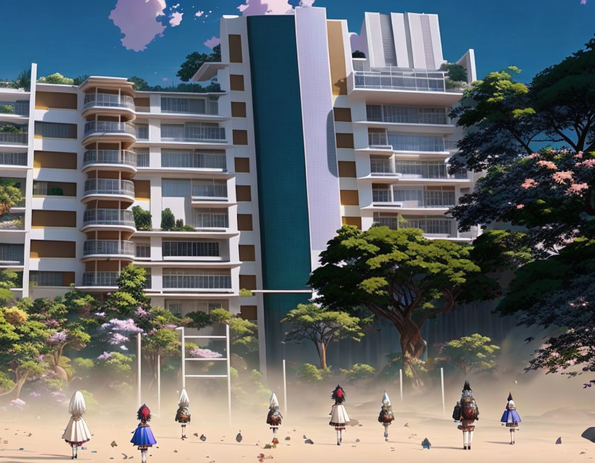 Futuristic apartment building with characters in various outfits