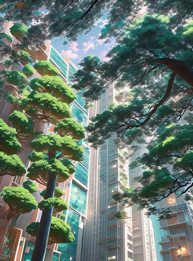 Green trees overshadow urban skyscrapers in serene cityscape