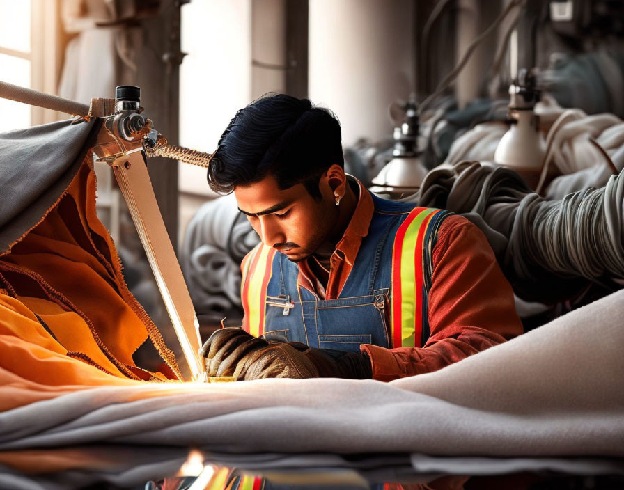 Worker in Safety Gear Sewing Fabric on Industrial Machine