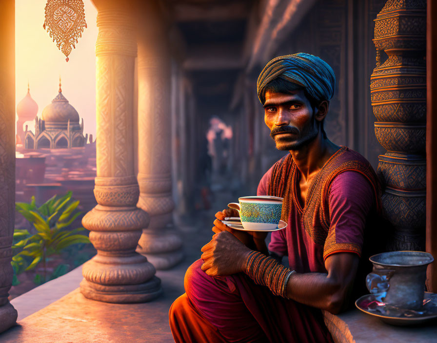 Man in turban with tea at temple setting with intricate architecture