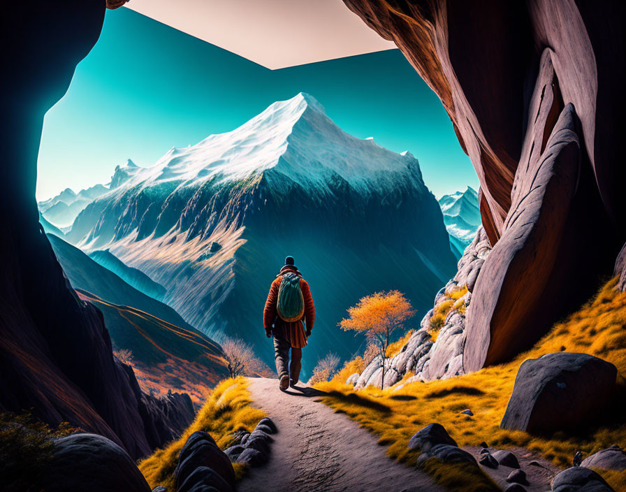 Hiker in narrow canyon near snow-capped mountain