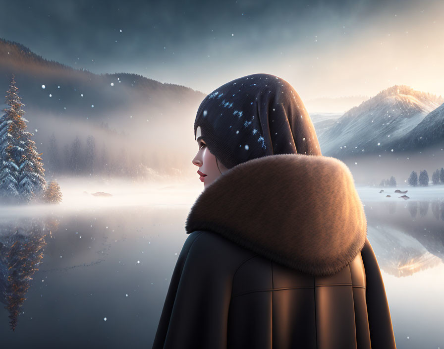 Woman in warm coat gazes at snowy landscape with reflective water and distant mountains at twilight