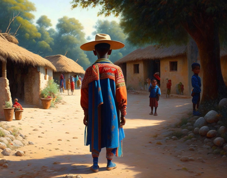 Traditional Attire Figure in Village Setting with Thatched Huts and Children