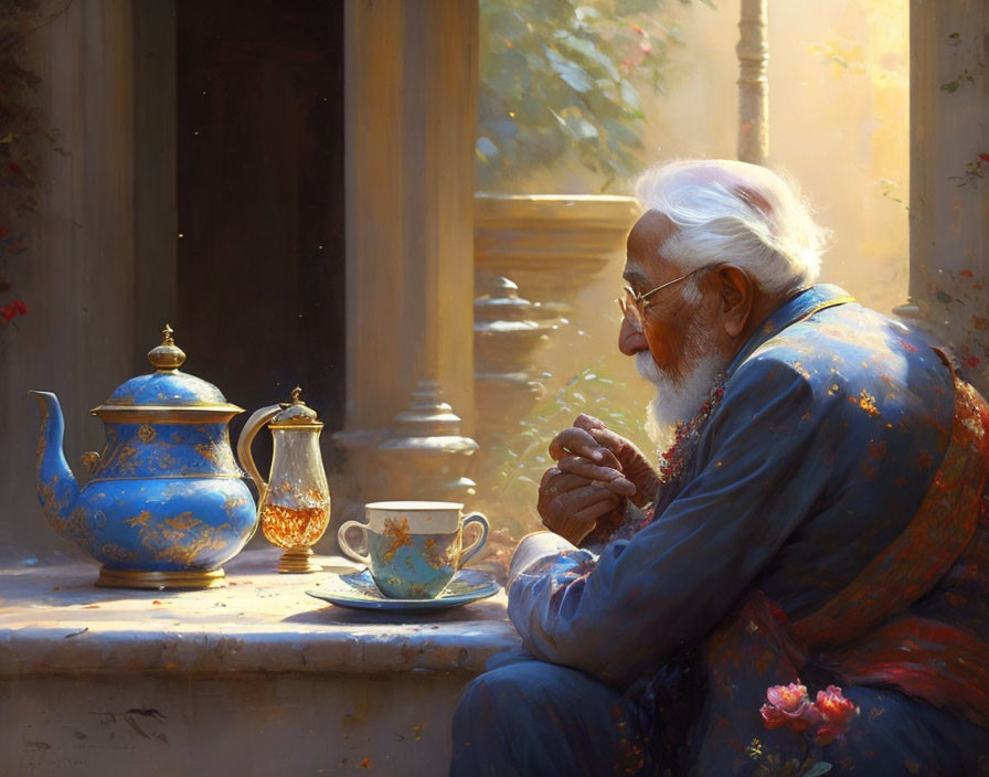 Elderly bearded man in robe sitting at table with teapot and flowers