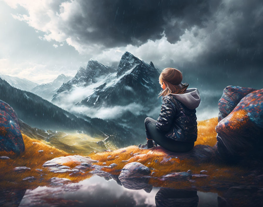 Person Contemplating Mountain Landscape with Moss-Covered Stones & Reflective Lake