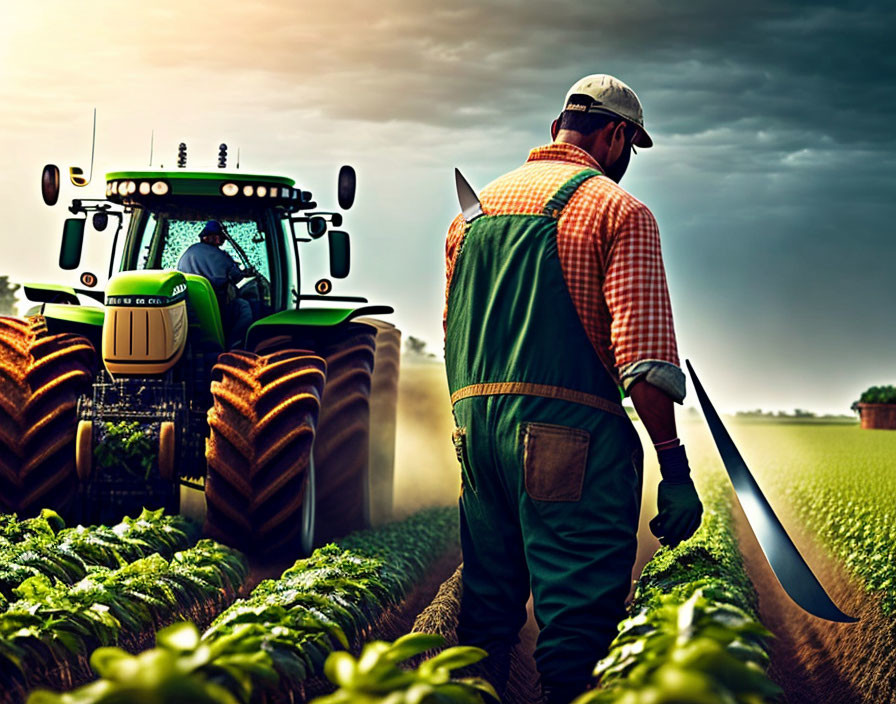 Farmer with hoe watching tractor cultivate field at dusk