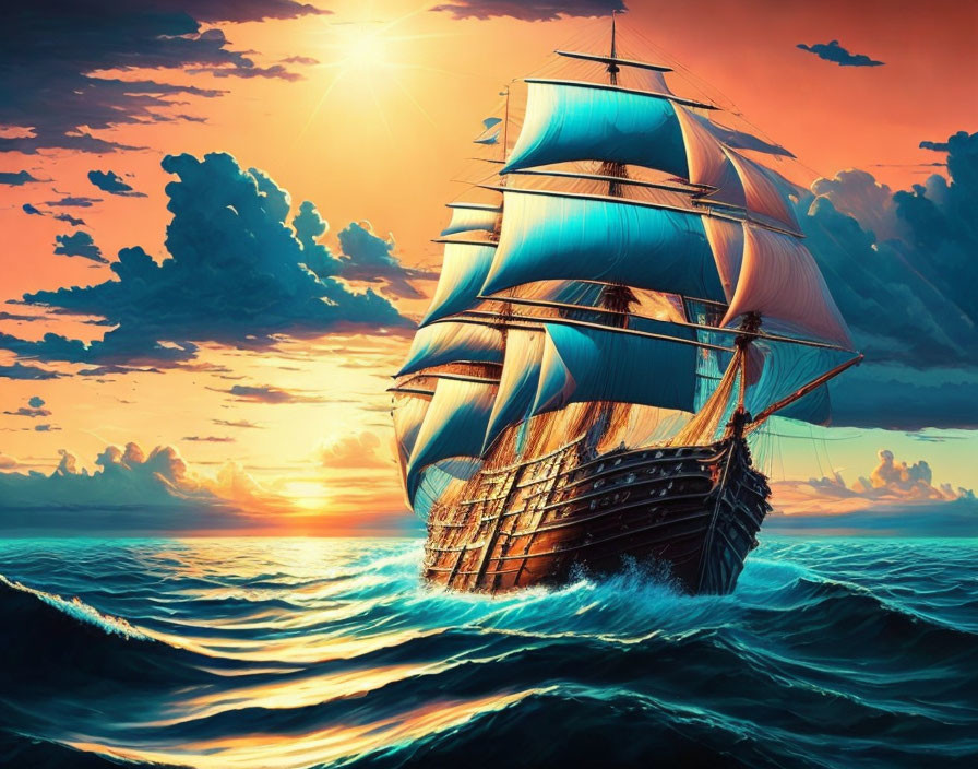 Sailing ship with billowing sails on wavy seas at sunset