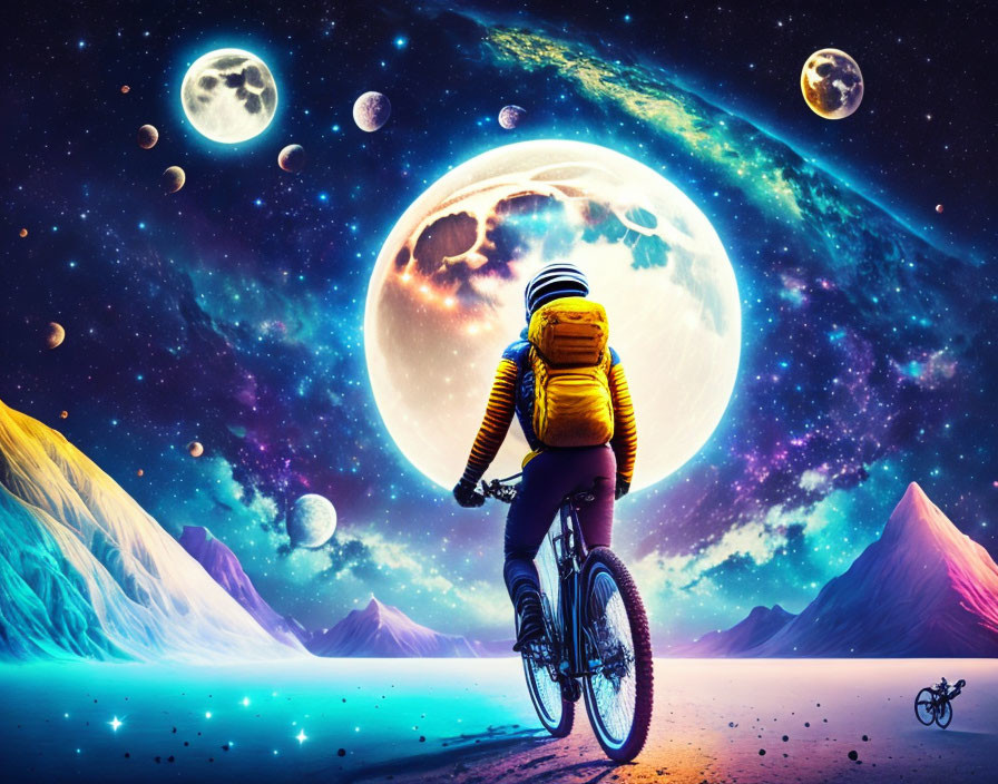 Cyclist with backpack rides towards large moon in surreal cosmic landscape