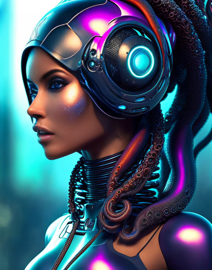 Futuristic female with high-tech helmet and tentacle-like cables in neon-lit setting