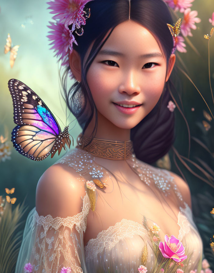 Detailed digital portrait of a smiling woman surrounded by butterflies, flowers, lace clothing, and nature backdrop.