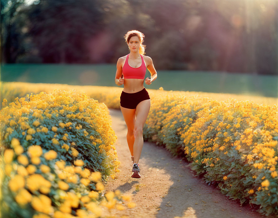 Woman jogging on path surrounded by yellow flowers in sunlight