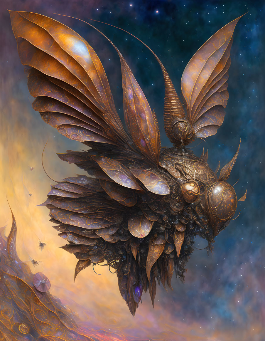 Intricate steampunk mechanical bee on celestial backdrop