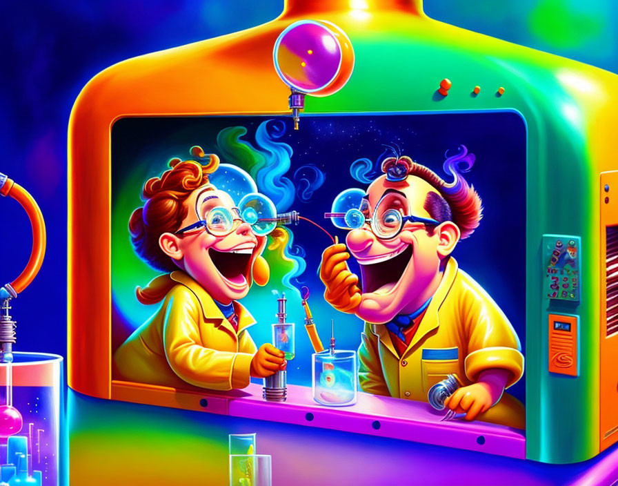 Animated characters in lab coats conducting experiment with flask and test tubes in retro-futuristic machine.