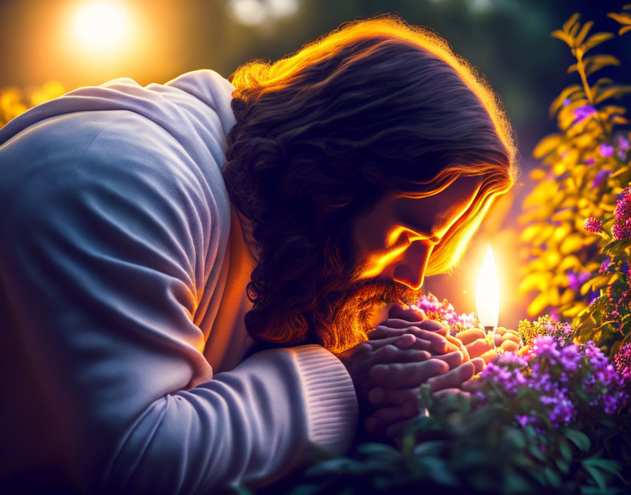 Bearded person in white robe praying by candle among purple flowers