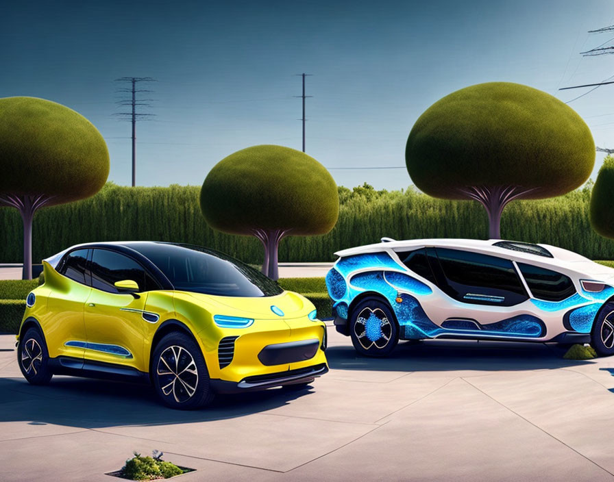 Vibrant futuristic electric cars in modern setting with green trees