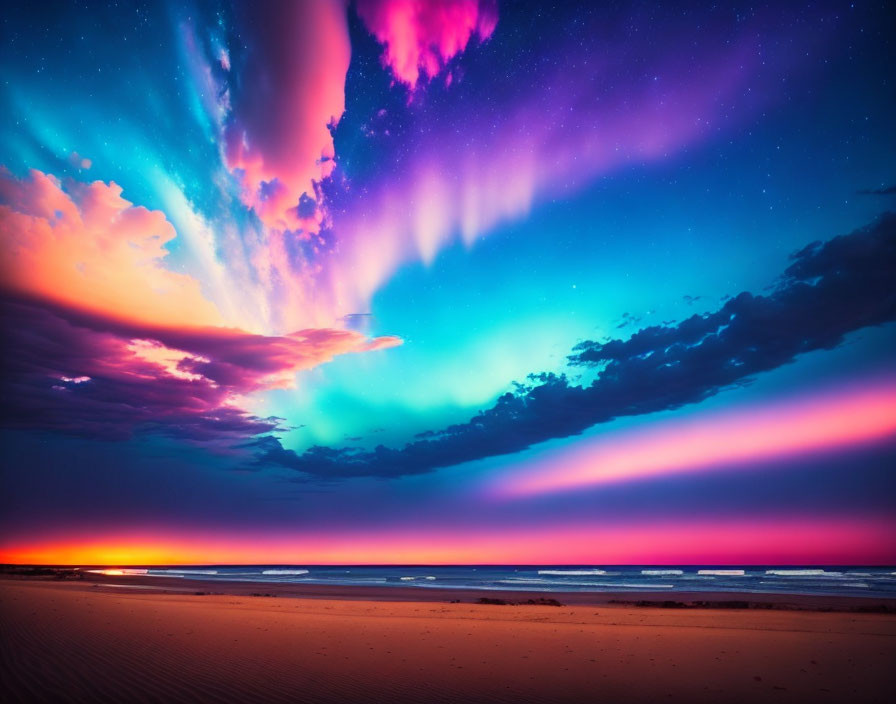 Colorful aurora borealis illuminating serene beach at twilight