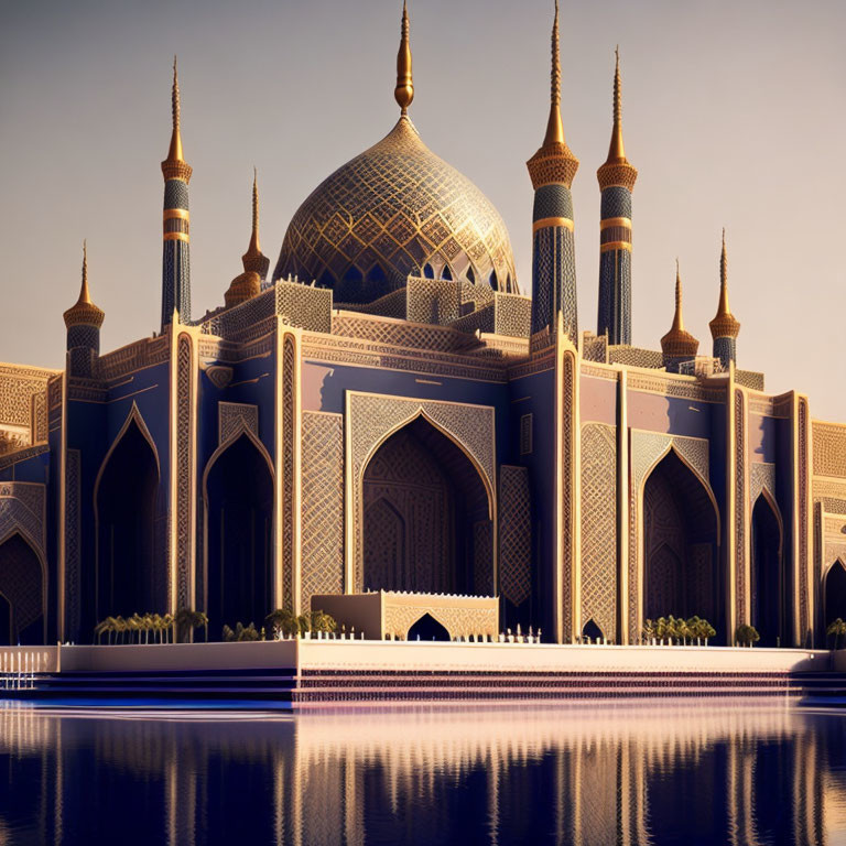 Golden-domed mosque reflected in tranquil water at dusk