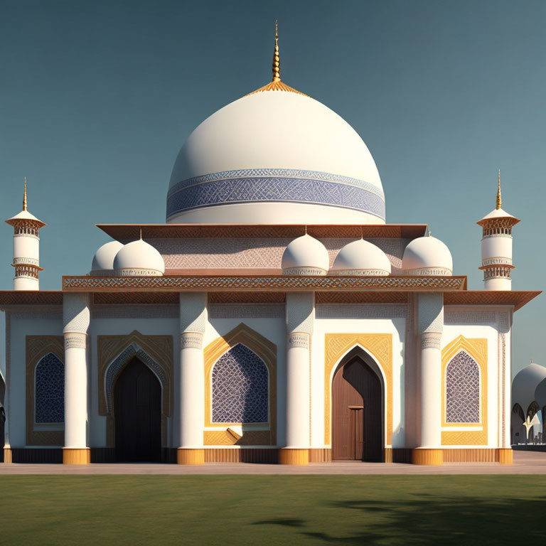 Majestic mosque with central dome and minarets against clear sky