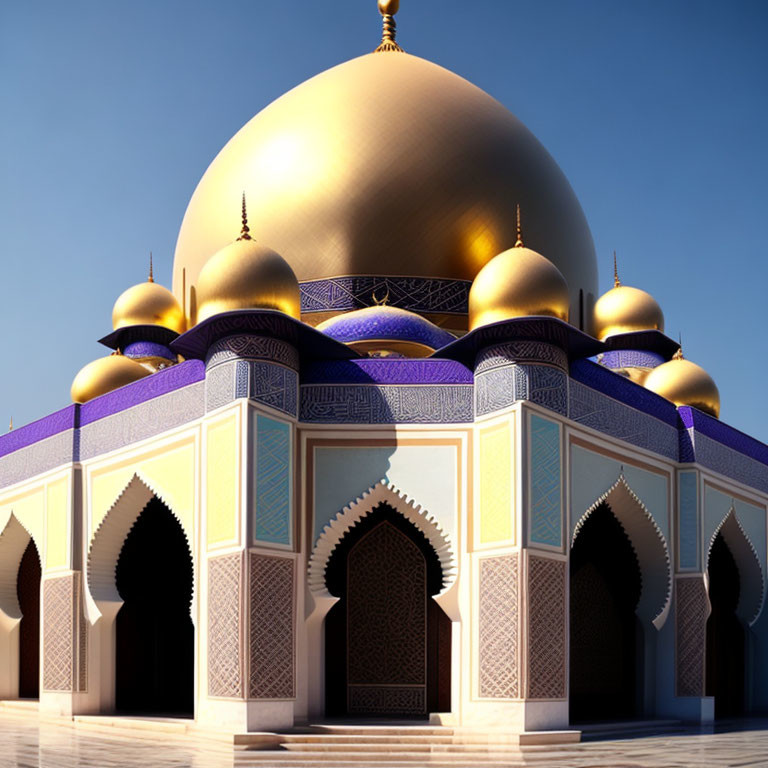 Golden Dome Mosque with Elaborate Arches and Geometric Patterns