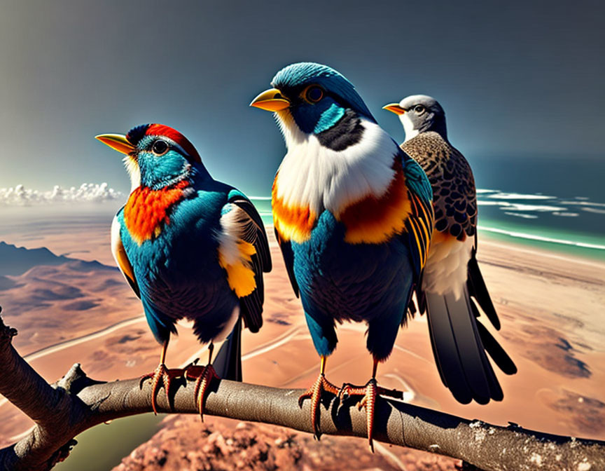 Colorful Birds Perched on Branch with Desert Dunes Background