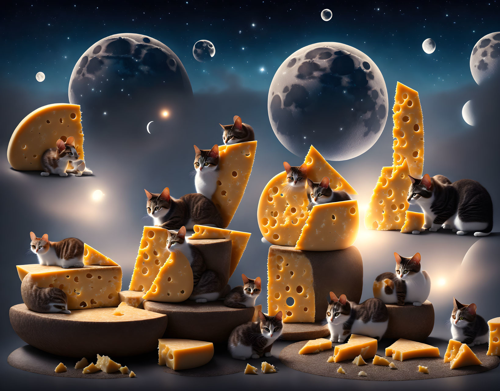 Whimsical cats posing on cheese moons under starry night sky