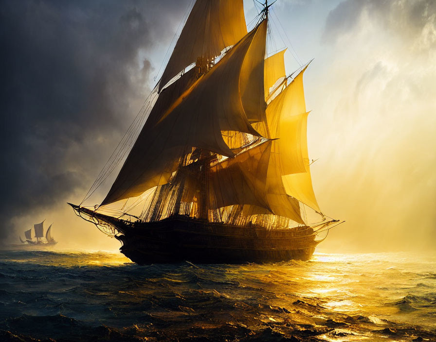 Sailing Tall Ship on Golden Sea with Dramatic Sky