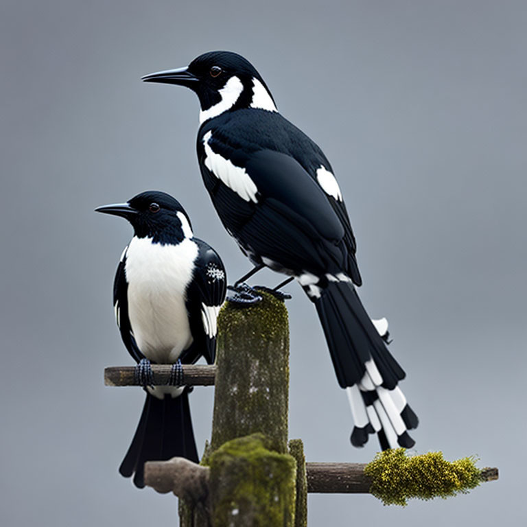 Two magpie-larks on wooden post in soft grey setting