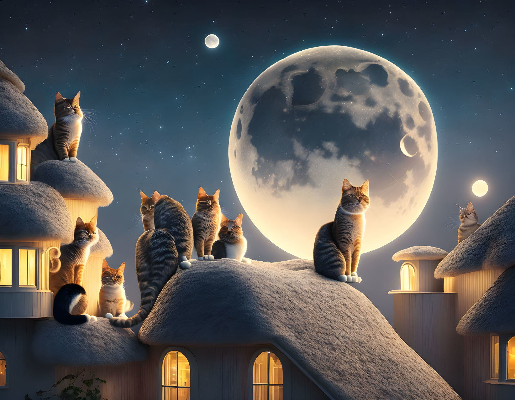 Several cats on thatched roofs under full moon night sky