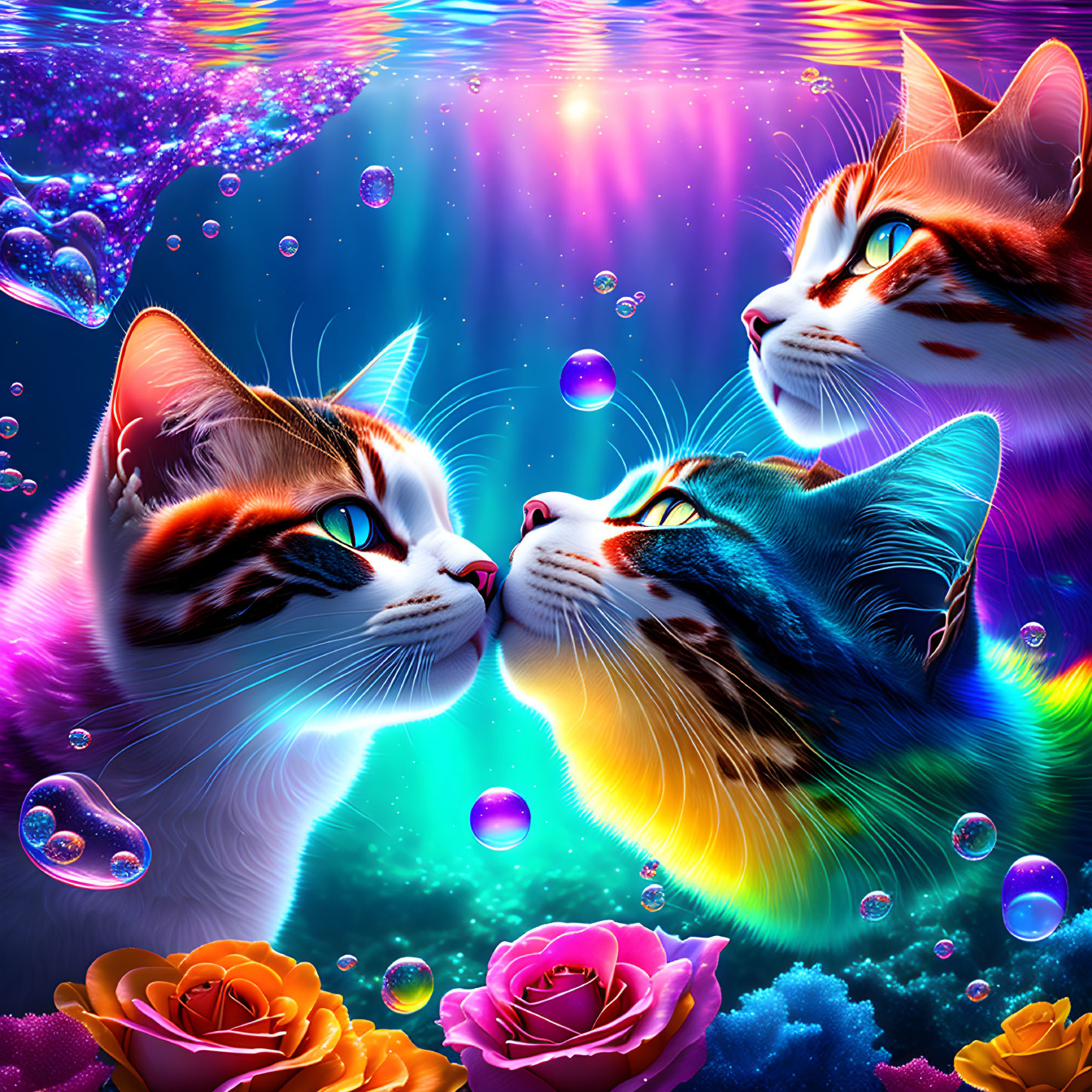 Vividly Colored Cats in Cosmic Scene with Stars, Bubbles, Hearts, Roses, and