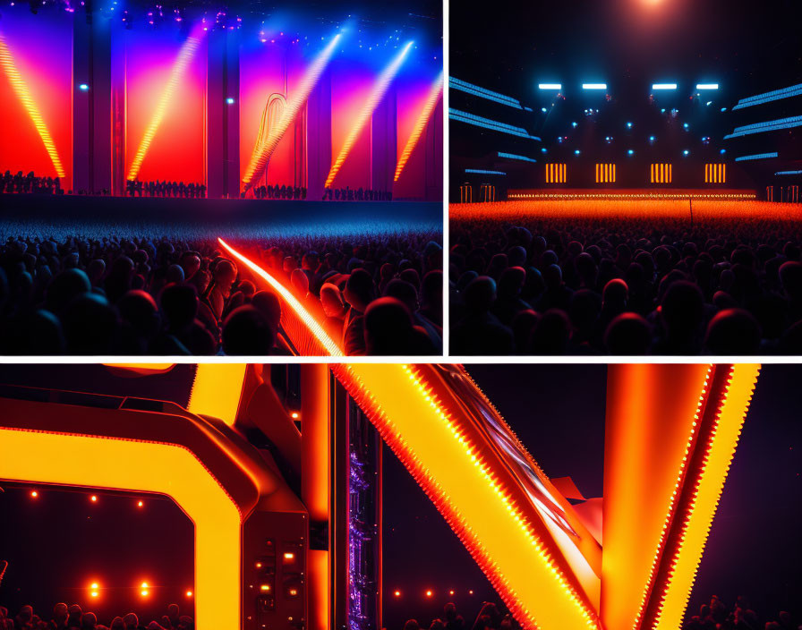 Vibrant concert scenes collage with dynamic stage lighting and diverse crowd.