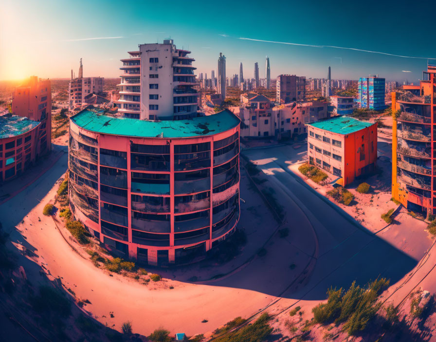 Desolate urban area with abandoned buildings and modern city skyline at twilight