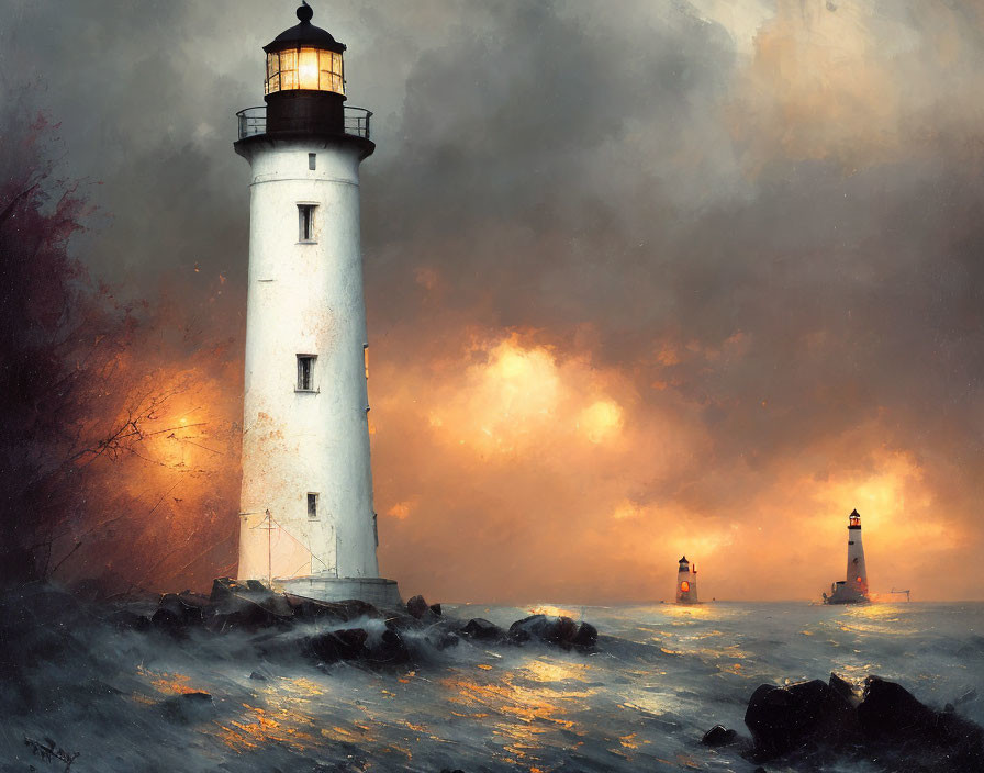 White lighthouse in fiery sky with tumultuous sea