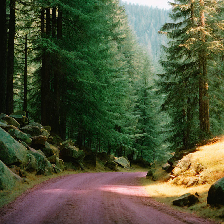 Scenic dirt road in dense evergreen forest with sunlight filtering through trees